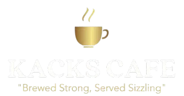Kacks Cafe logo featuring a steaming coffee cup and tagline "Brewed Strong, Served Sizzling."