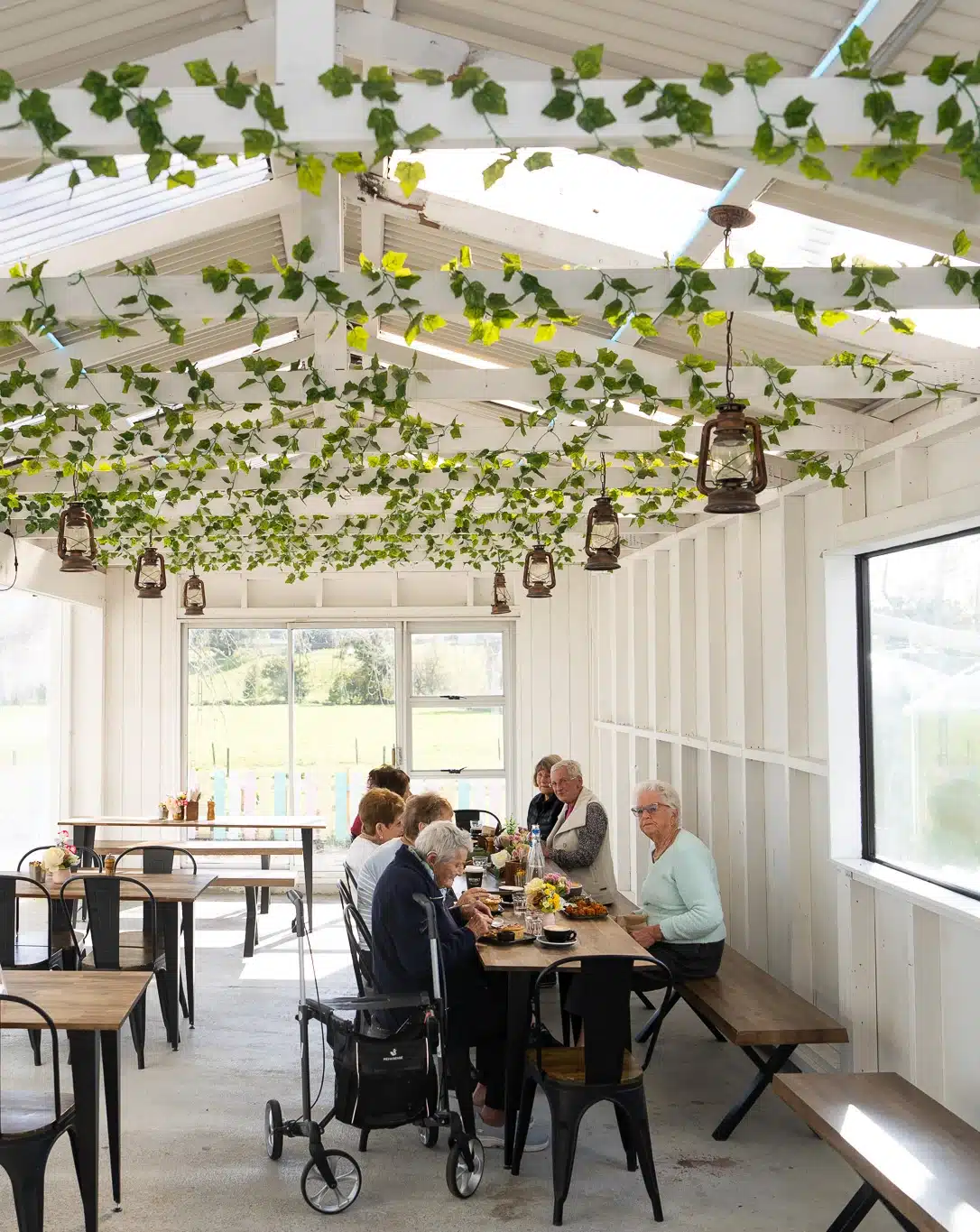 Kacks Cafe interior with wooden tables, hanging greenery, and patrons enjoying a relaxed cafe experience.