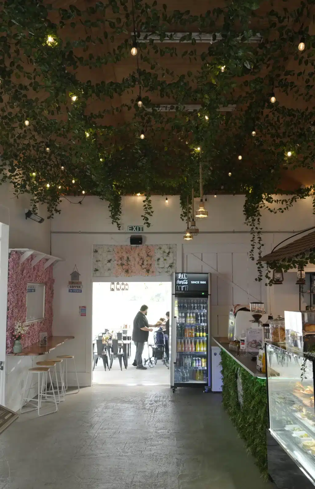Inviting cafe interior with hanging greenery, and a view of the Clevedon cafe space.